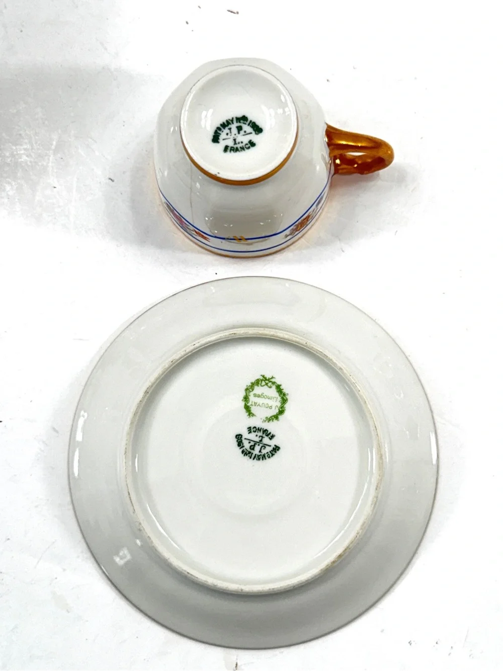 Antique 1909 J.P.L Limoges France Flowers Gold Trim Porcelain Cup & Saucer AS IS